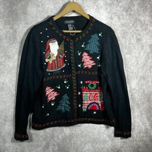 All Points By Reference Point Christmas Cardigan Sweater Womens Large Black Knit
